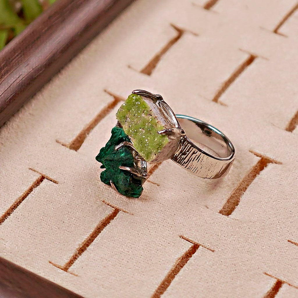 Raw Malachite&Pyromorphite Adjustable Ring – Natural Mineral Stone Ring, Handmade One of a Kind Jewelry-031