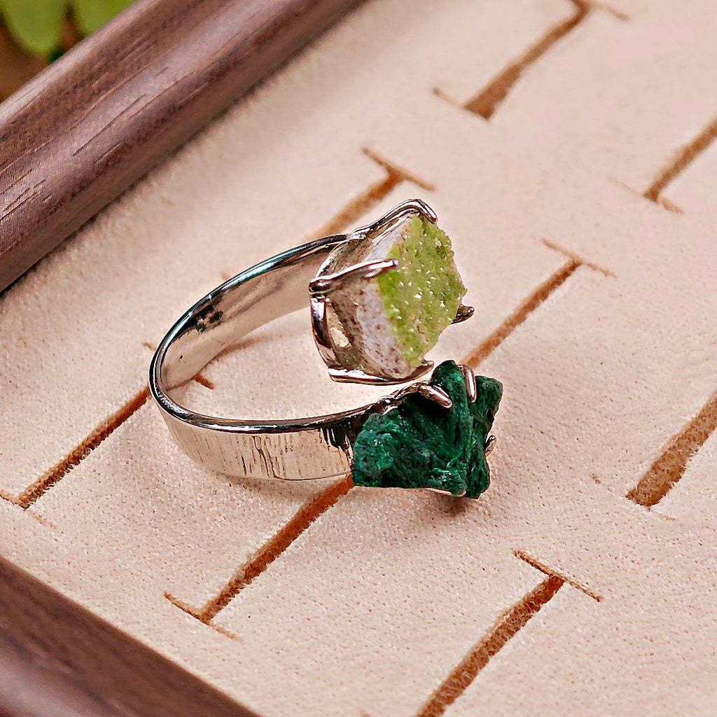 Raw Malachite&Pyromorphite Adjustable Ring – Natural Mineral Stone Ring, Handmade One of a Kind Jewelry-031