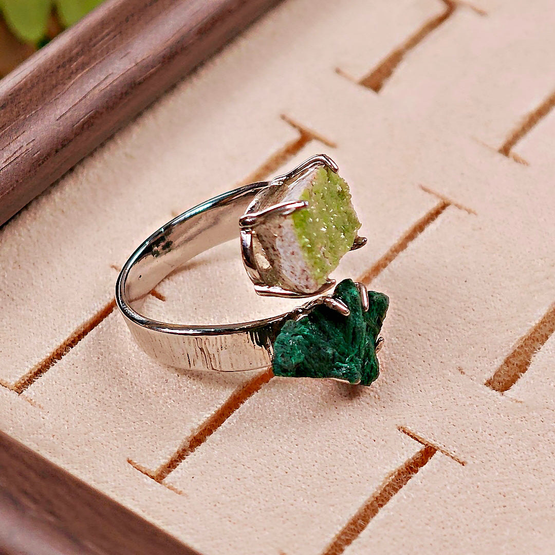 Raw Malachite&Pyromorphite Adjustable Ring – Natural Mineral Stone Ring, Handmade One of a Kind Jewelry-031