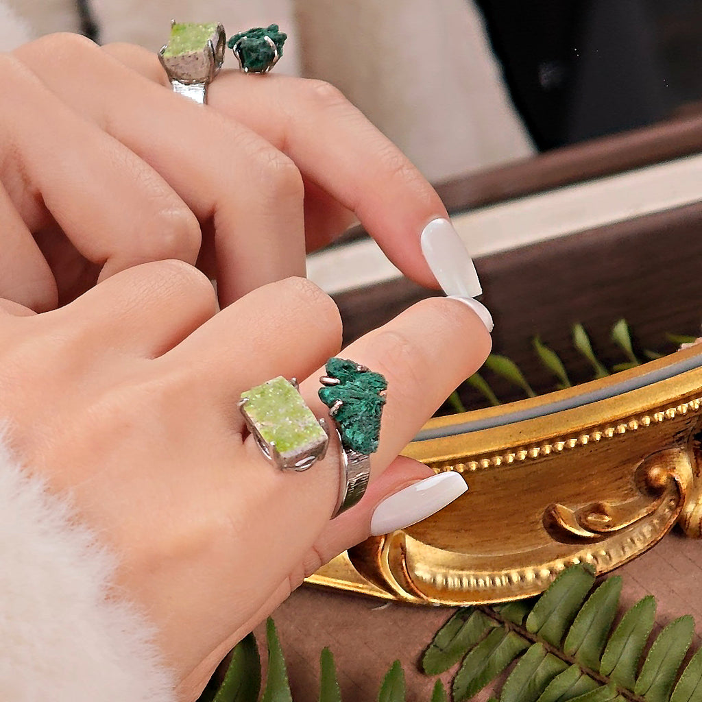 Raw Malachite&Pyromorphite Adjustable Ring – Natural Mineral Stone Ring, Handmade One of a Kind Jewelry-031