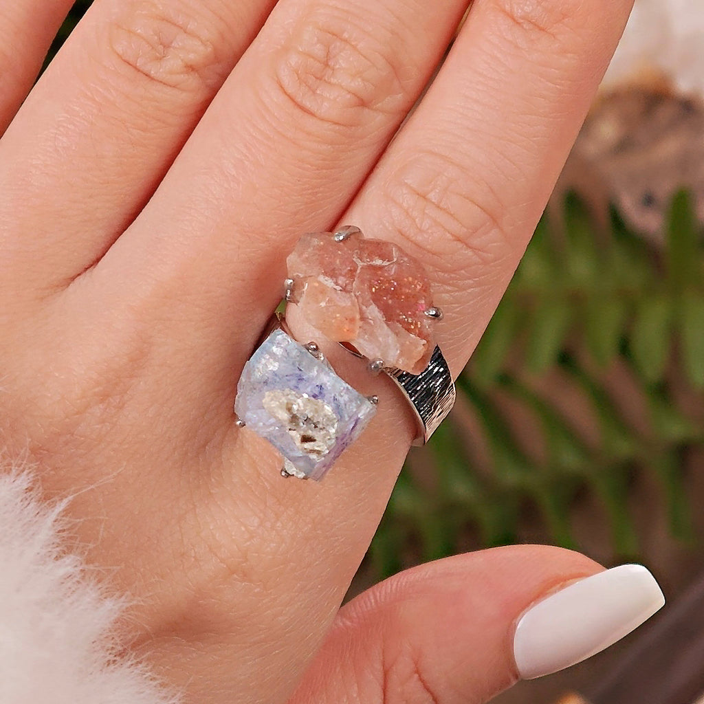 Raw YGX Fluorite&sunstone Adjustable Ring – Natural Mineral Stone Ring, Handmade One of a Kind Jewelry-032