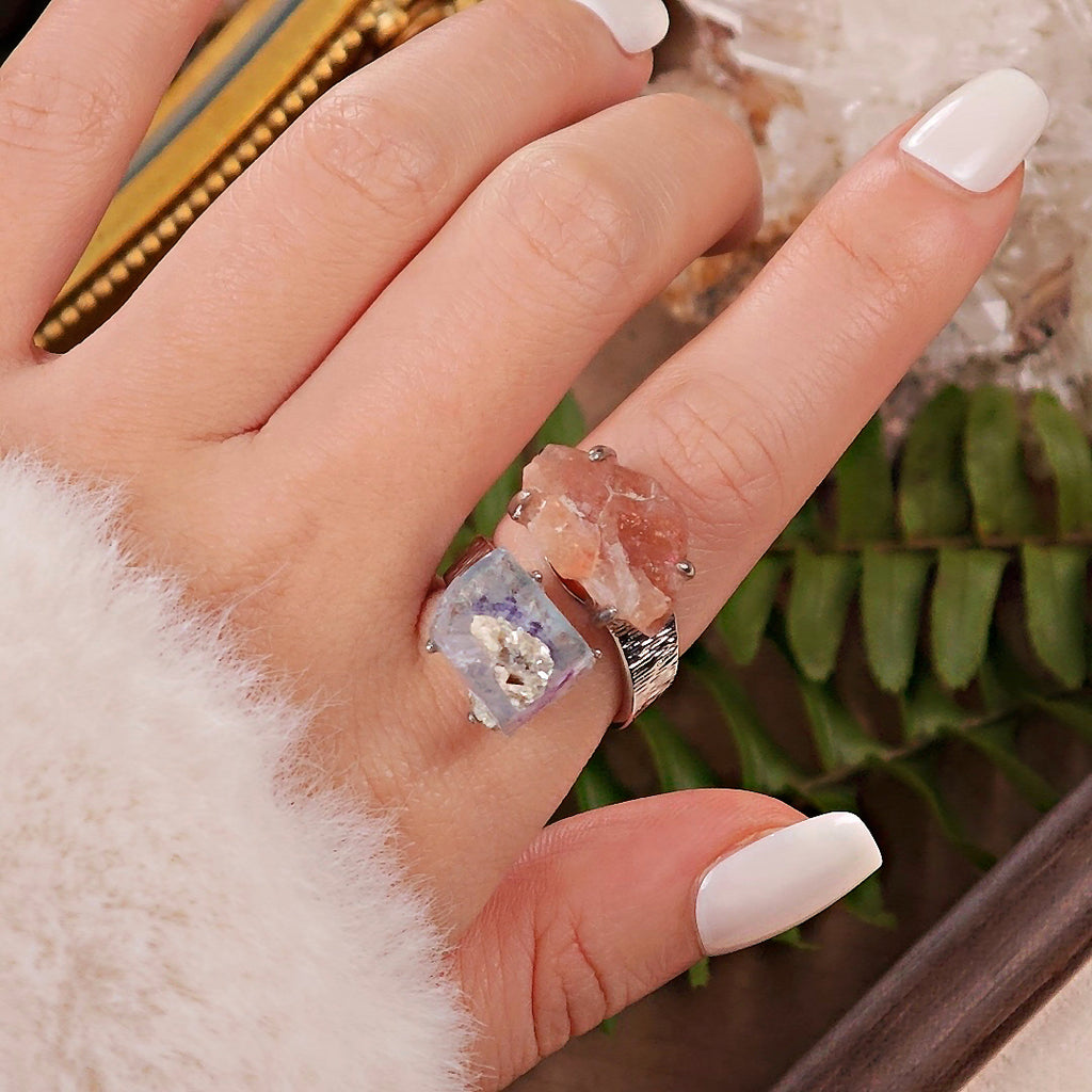 Raw YGX Fluorite&sunstone Adjustable Ring – Natural Mineral Stone Ring, Handmade One of a Kind Jewelry-032