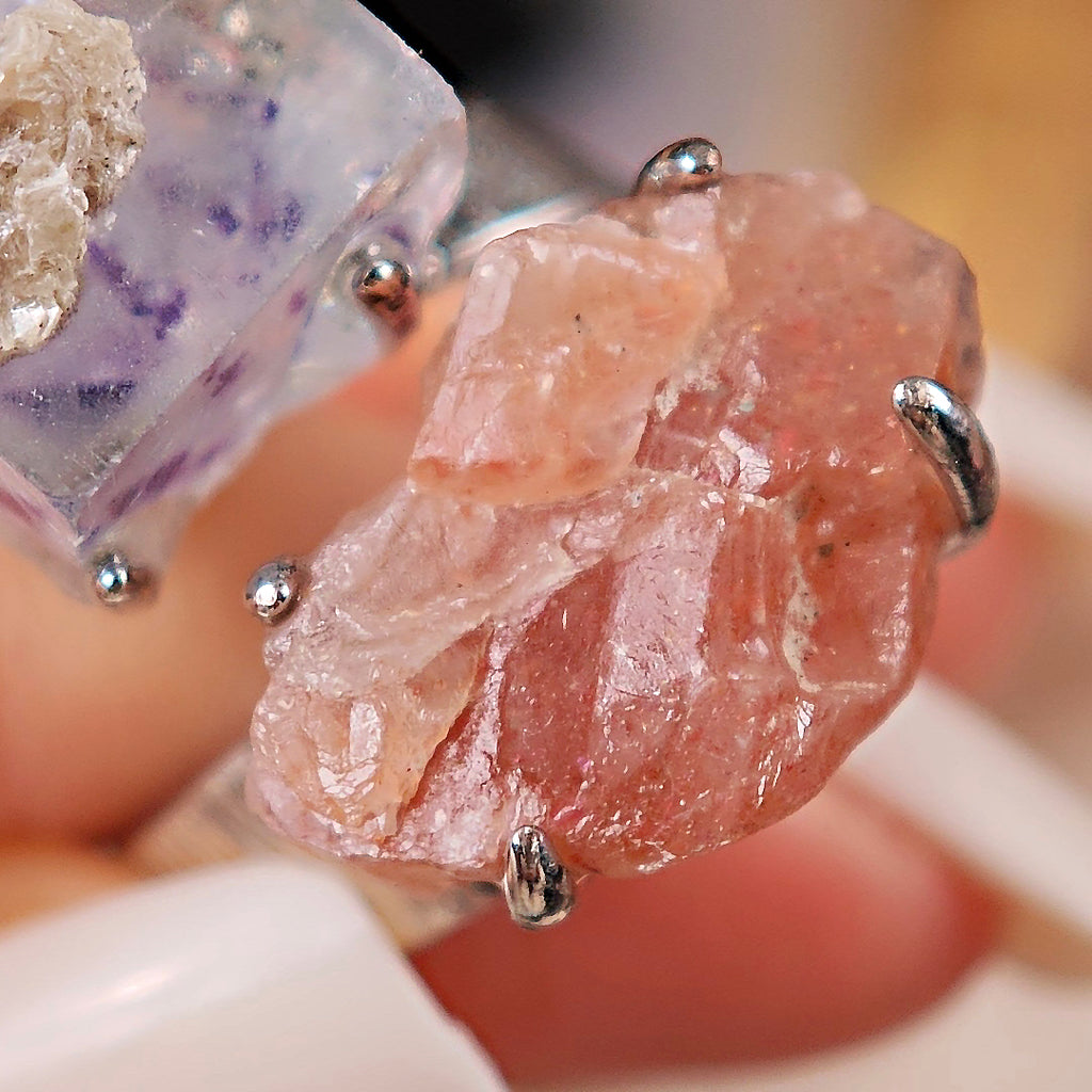 Raw YGX Fluorite&sunstone Adjustable Ring – Natural Mineral Stone Ring, Handmade One of a Kind Jewelry-032