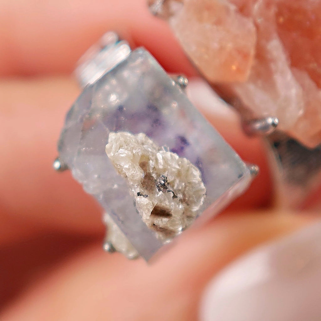 Raw YGX Fluorite&sunstone Adjustable Ring – Natural Mineral Stone Ring, Handmade One of a Kind Jewelry-032