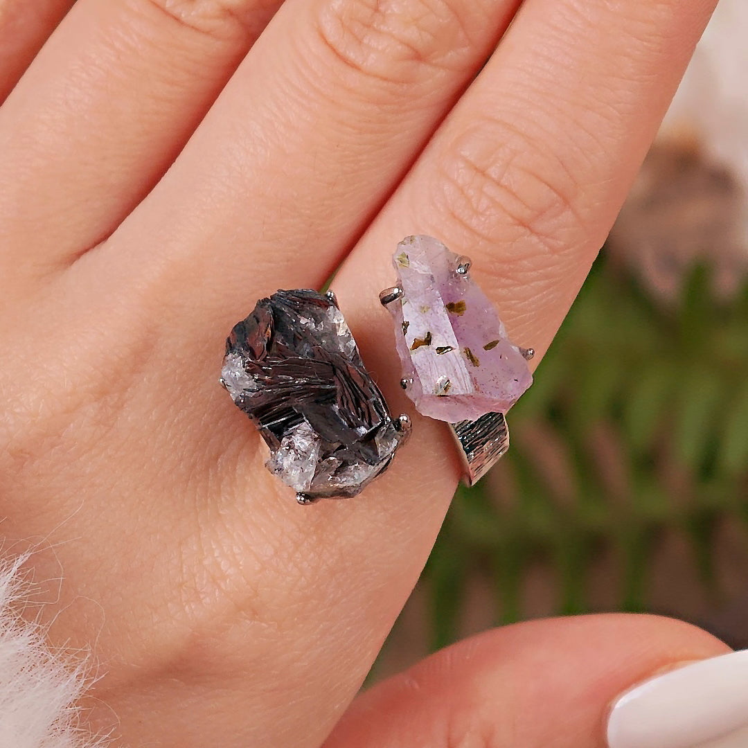 Raw Garden Quartz&specular Adjustable Ring – Natural Mineral Stone Ring, Handmade One of a Kind Jewelry-033