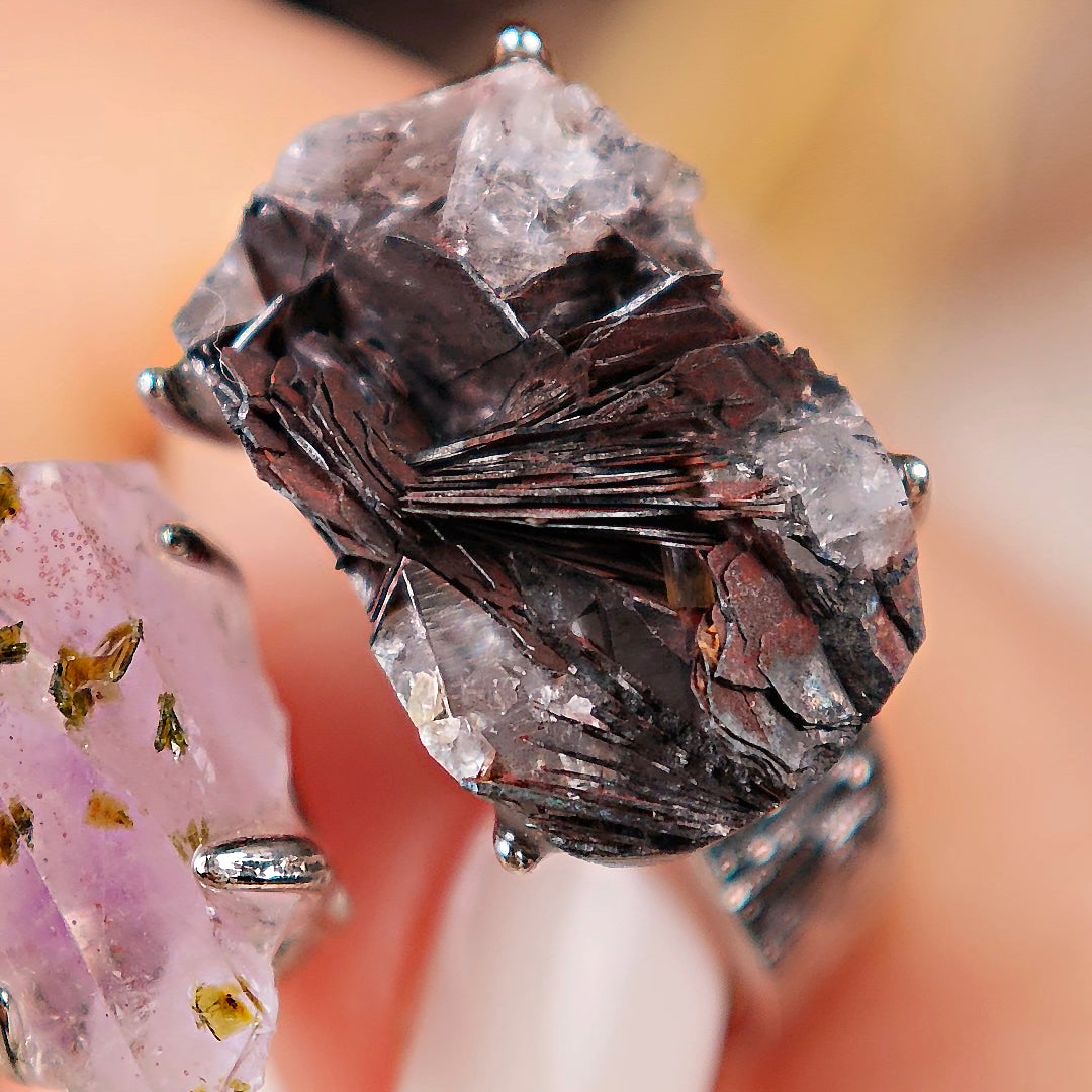 Raw Garden Quartz&specular Adjustable Ring – Natural Mineral Stone Ring, Handmade One of a Kind Jewelry-033