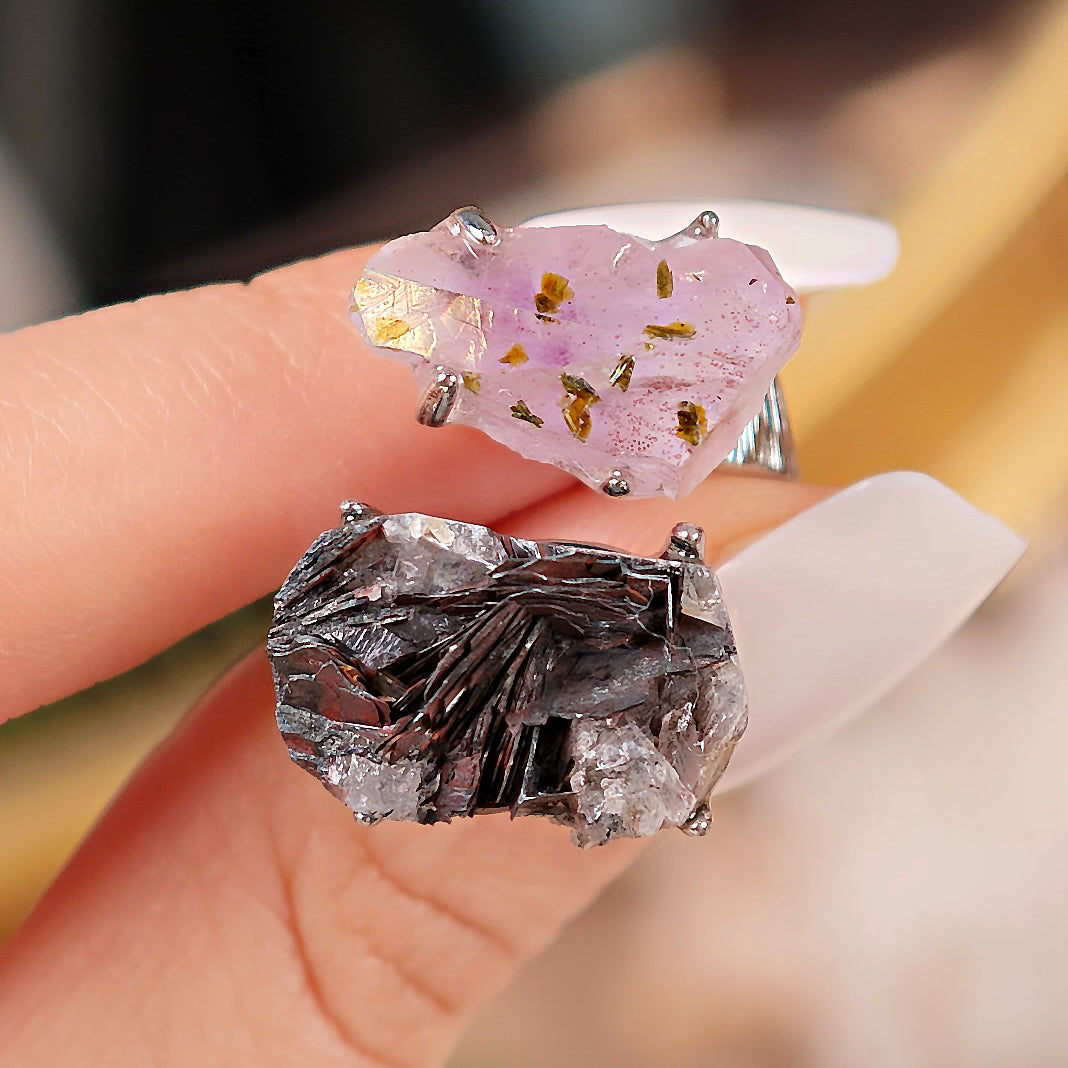 Raw Garden Quartz&specular Adjustable Ring – Natural Mineral Stone Ring, Handmade One of a Kind Jewelry-033