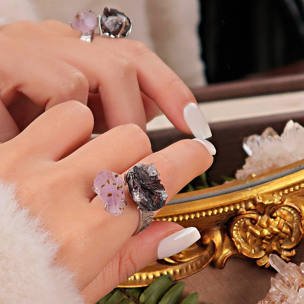 Raw Garden Quartz&specular Adjustable Ring – Natural Mineral Stone Ring, Handmade One of a Kind Jewelry-033