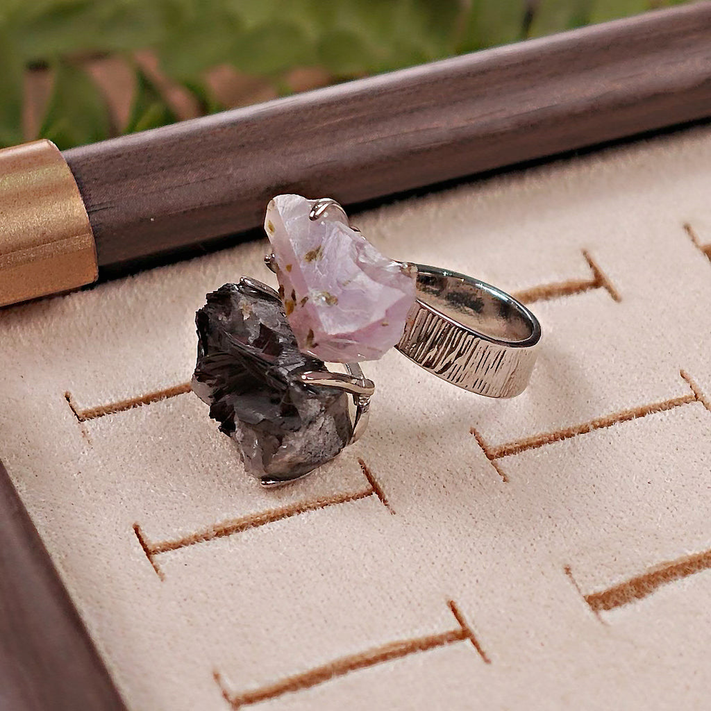 Raw Garden Quartz&specular Adjustable Ring – Natural Mineral Stone Ring, Handmade One of a Kind Jewelry-033