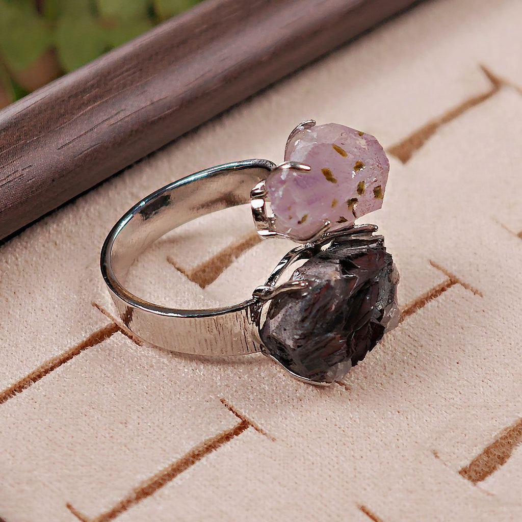 Raw Garden Quartz&specular Adjustable Ring – Natural Mineral Stone Ring, Handmade One of a Kind Jewelry-033