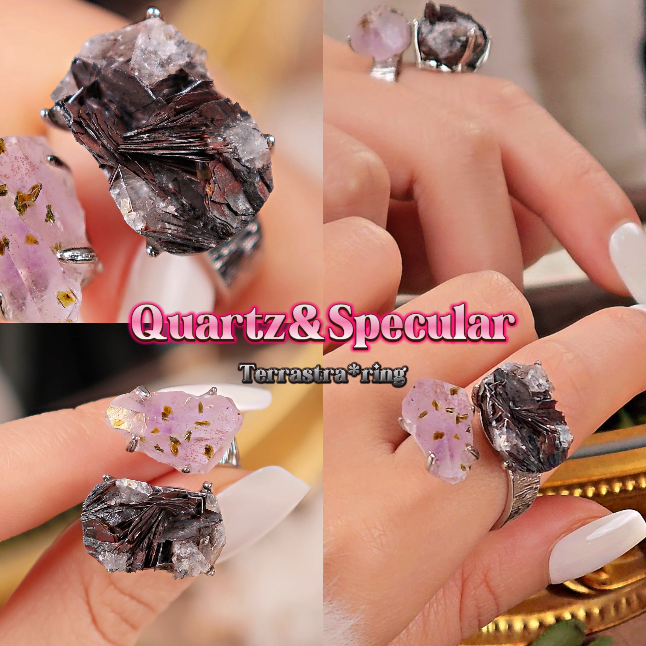Raw Garden Quartz&specular Adjustable Ring – Natural Mineral Stone Ring, Handmade One of a Kind Jewelry-033