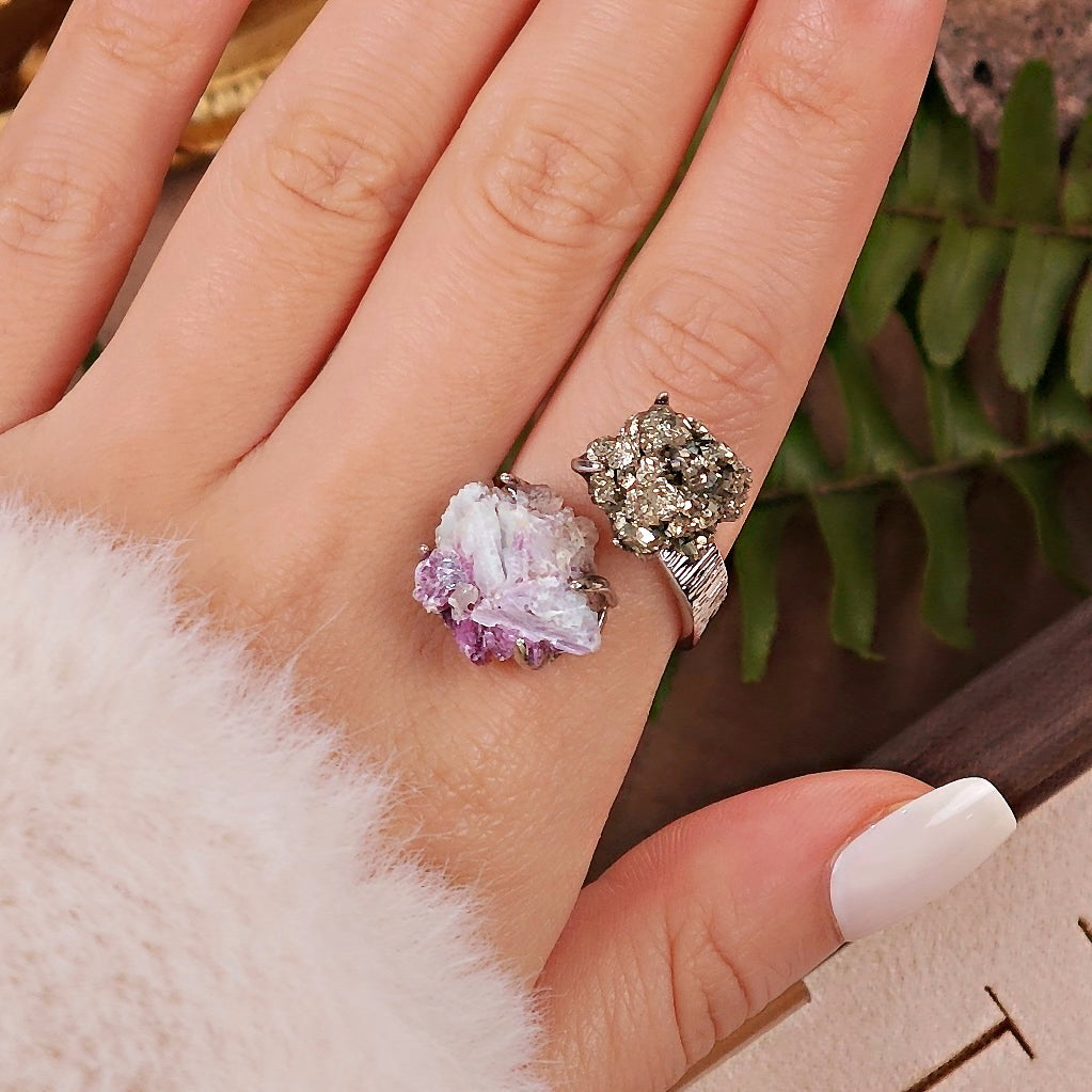 Raw Chalcopyrite&Phosphosiderite Adjustable Ring – Natural Mineral Stone Ring, Handmade One of a Kind Jewelry-034