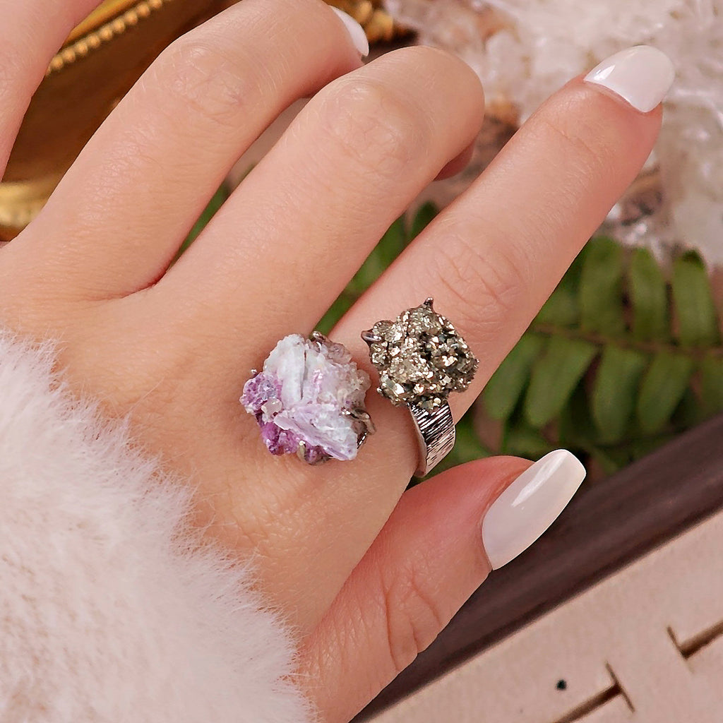Raw Chalcopyrite&Phosphosiderite Adjustable Ring – Natural Mineral Stone Ring, Handmade One of a Kind Jewelry-034