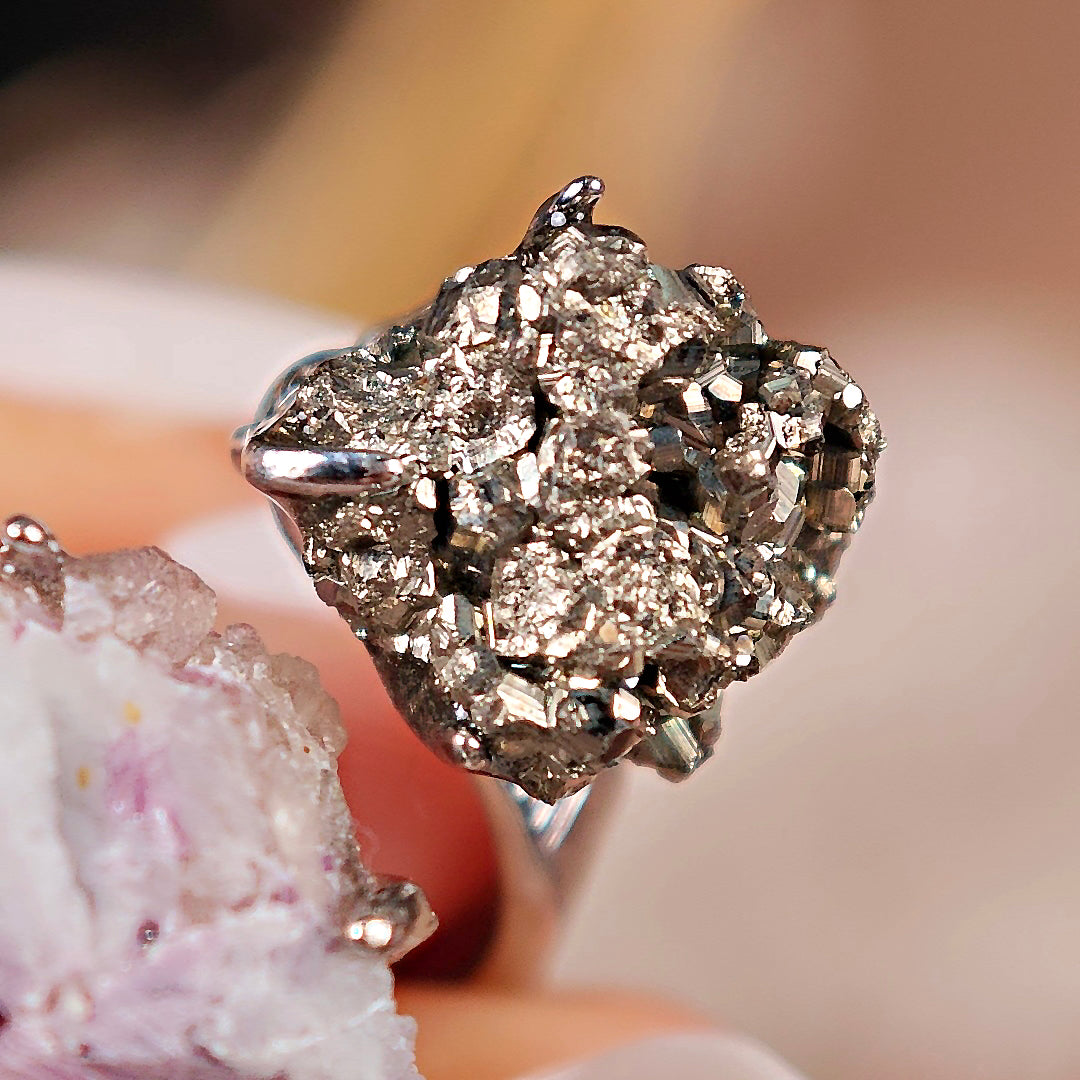 Raw Chalcopyrite&Phosphosiderite Adjustable Ring – Natural Mineral Stone Ring, Handmade One of a Kind Jewelry-034