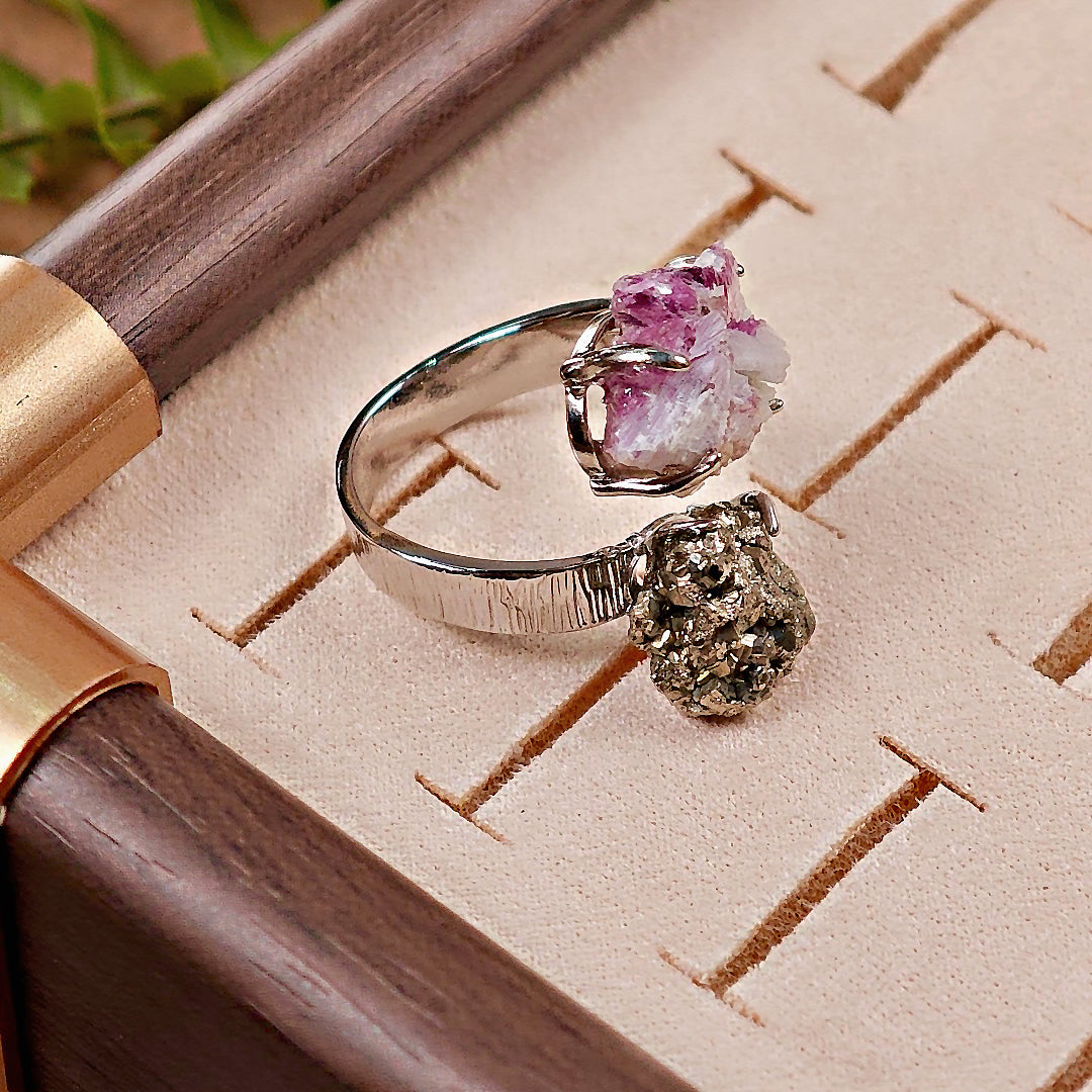 Raw Chalcopyrite&Phosphosiderite Adjustable Ring – Natural Mineral Stone Ring, Handmade One of a Kind Jewelry-034