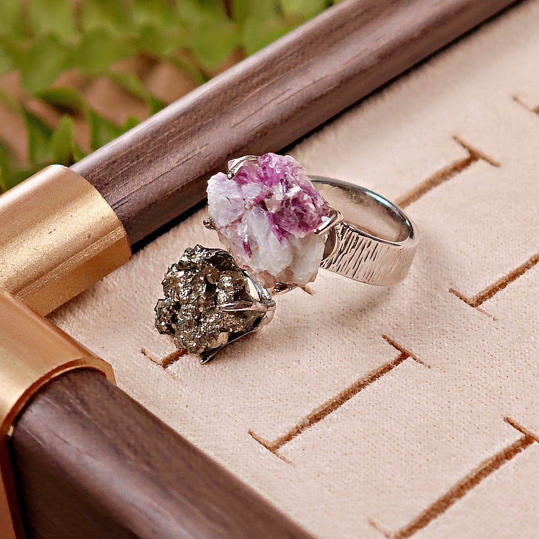 Raw Chalcopyrite&Phosphosiderite Adjustable Ring – Natural Mineral Stone Ring, Handmade One of a Kind Jewelry-034