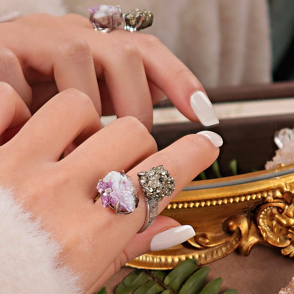 Raw Chalcopyrite&Phosphosiderite Adjustable Ring – Natural Mineral Stone Ring, Handmade One of a Kind Jewelry-034