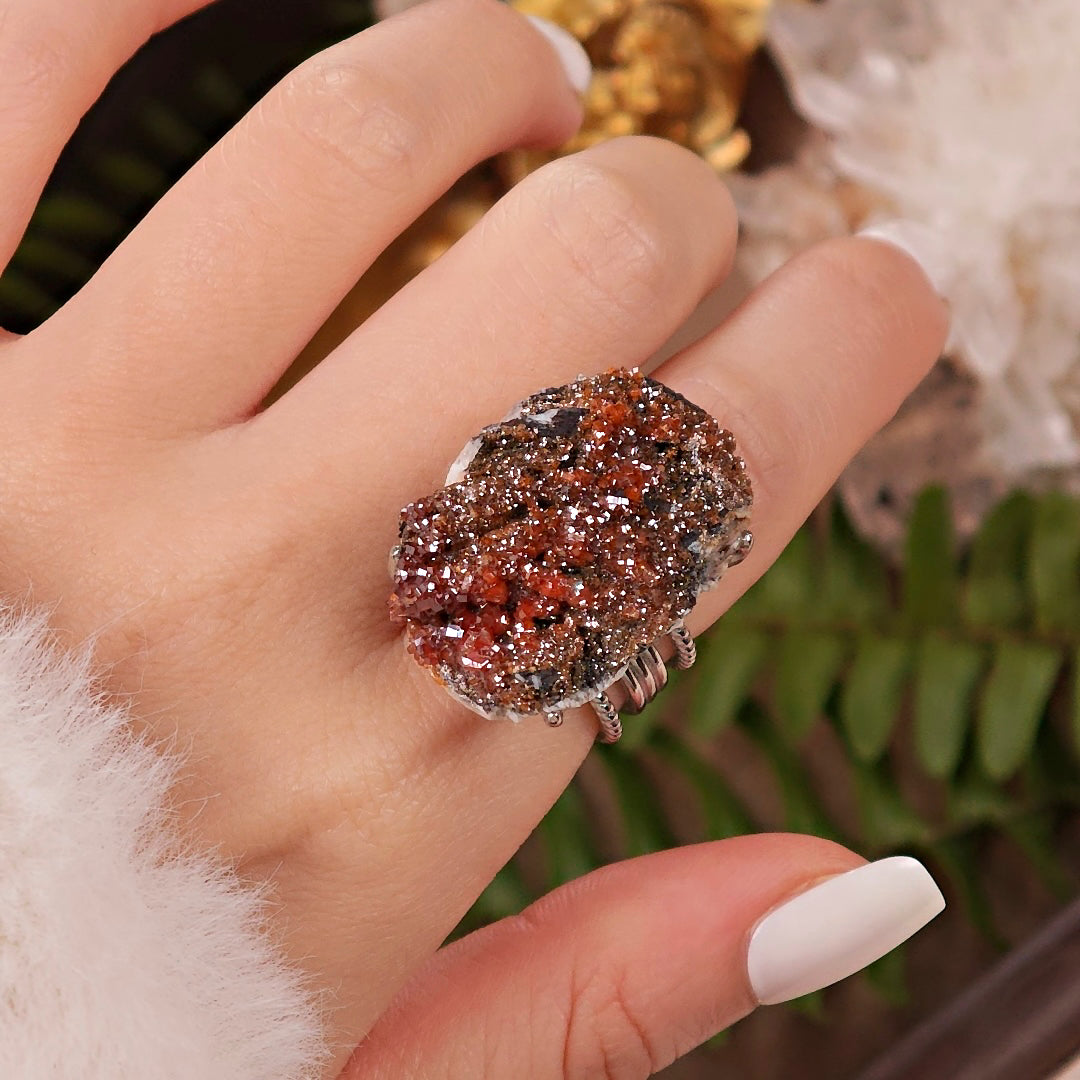 Raw Vanadinite Adjustable Ring – Natural Mineral Stone Ring, Handmade One of a Kind Jewelry-001
