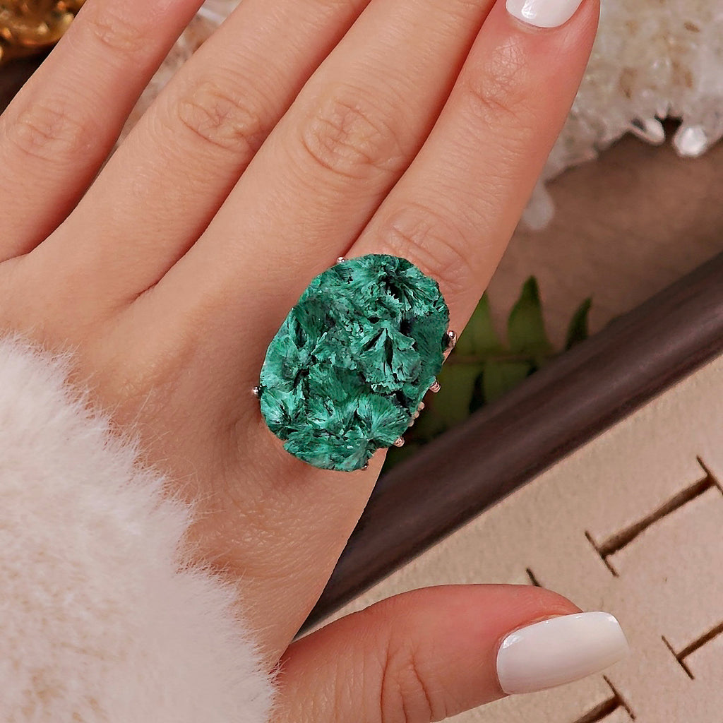 Raw Malachite Adjustable Ring – Natural Mineral Stone Ring, Handmade One of a Kind Jewelry-036