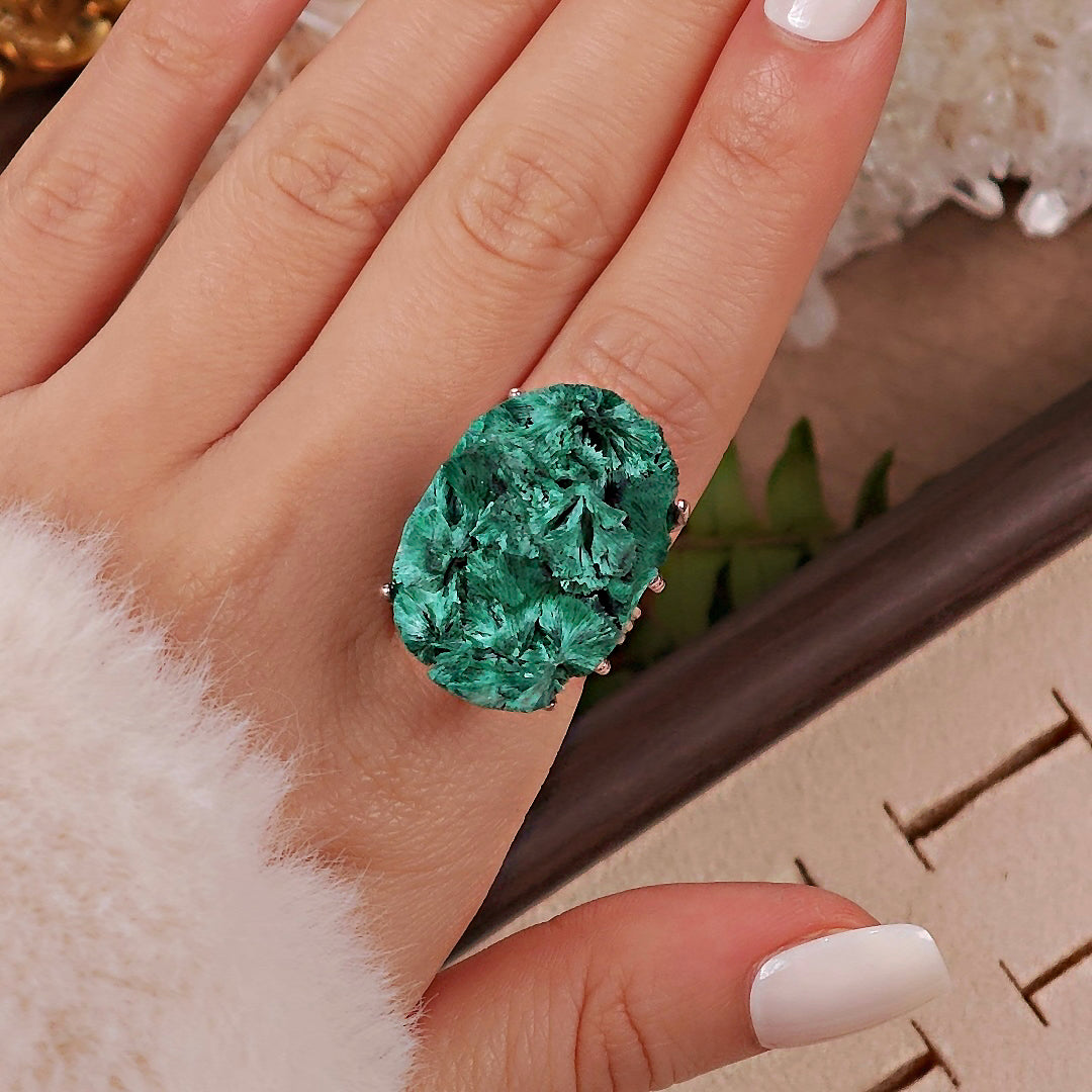Raw Malachite Adjustable Ring – Natural Mineral Stone Ring, Handmade One of a Kind Jewelry-036