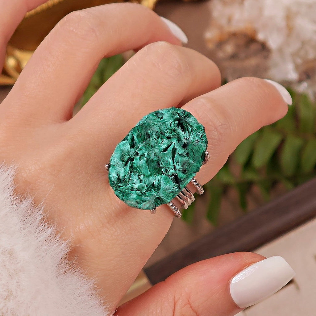 Raw Malachite Adjustable Ring – Natural Mineral Stone Ring, Handmade One of a Kind Jewelry-036