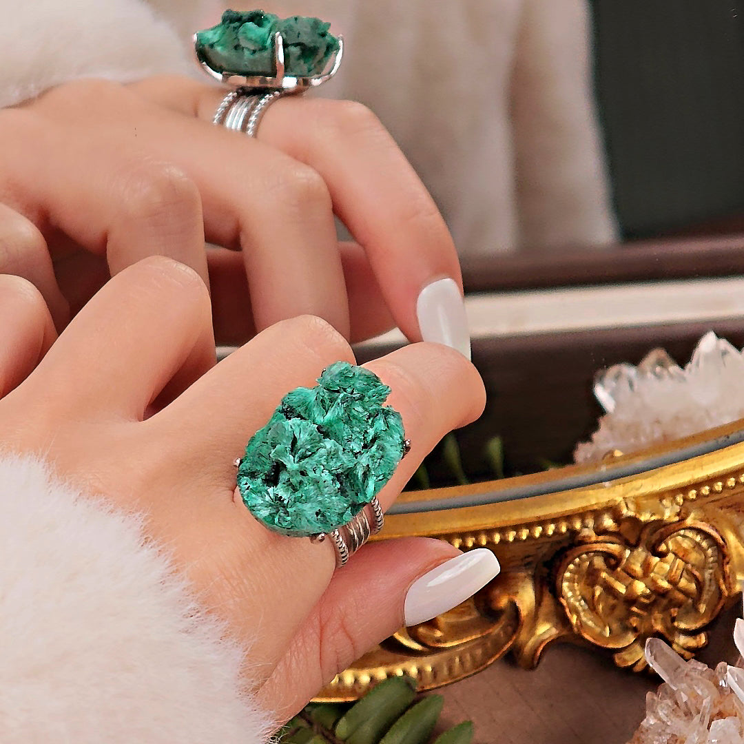 Raw Malachite Adjustable Ring – Natural Mineral Stone Ring, Handmade One of a Kind Jewelry-036