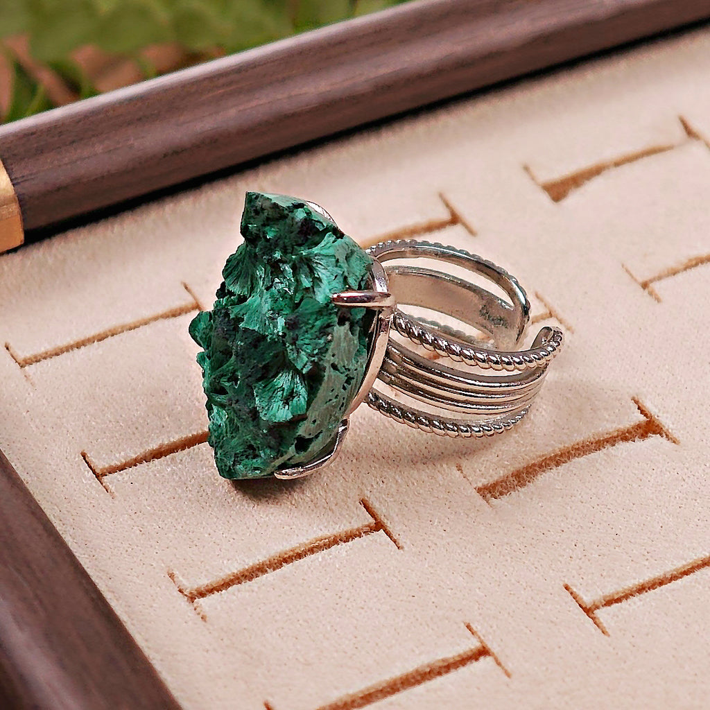 Raw Malachite Adjustable Ring – Natural Mineral Stone Ring, Handmade One of a Kind Jewelry-036
