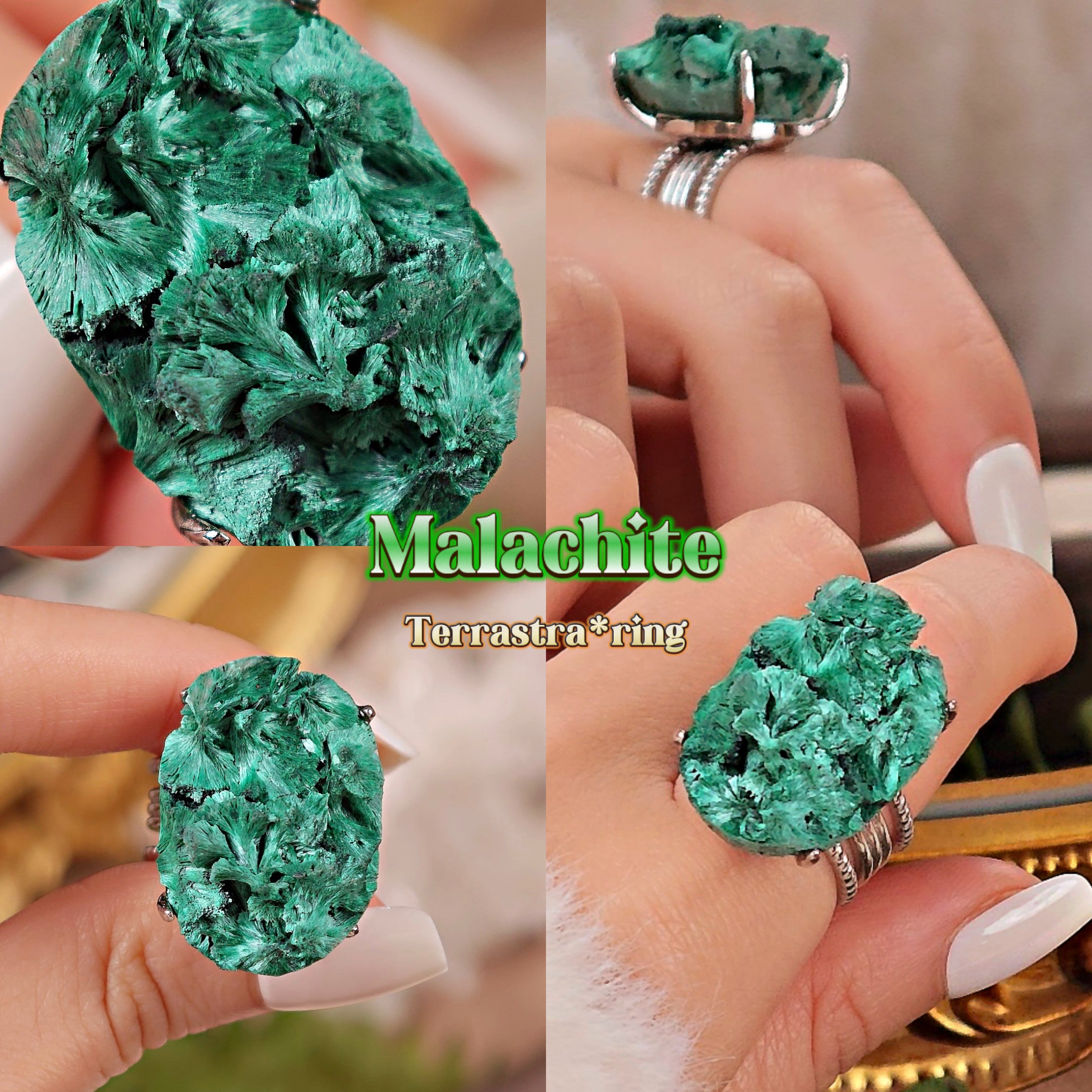 Raw Malachite Adjustable Ring – Natural Mineral Stone Ring, Handmade One of a Kind Jewelry-036