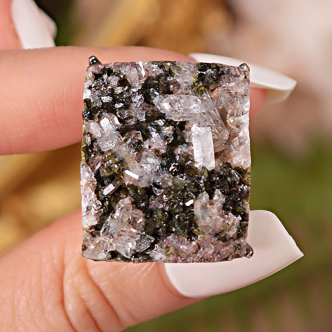 Raw Epidote&Crystal Adjustable Ring – Natural Mineral Stone Ring, Handmade One of a Kind Jewelry-038