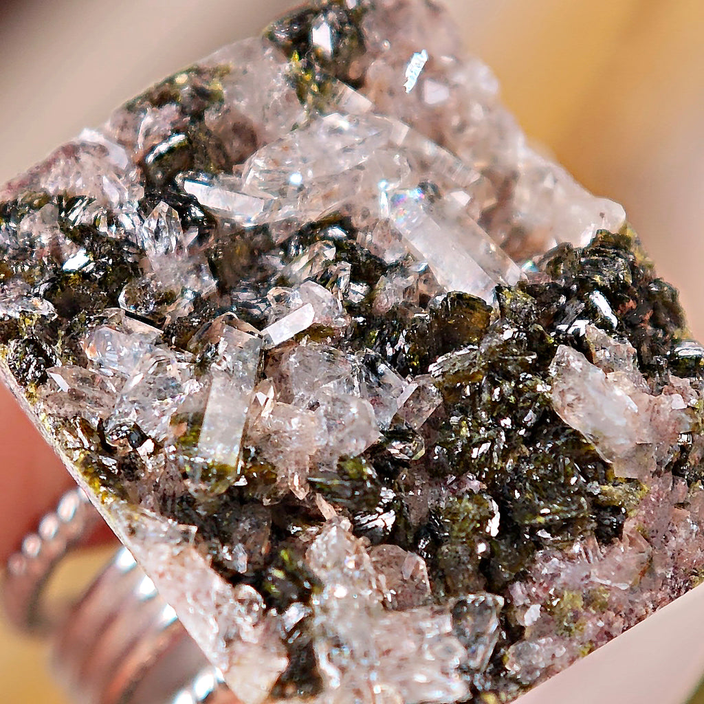 Raw Epidote&Crystal Adjustable Ring – Natural Mineral Stone Ring, Handmade One of a Kind Jewelry-038