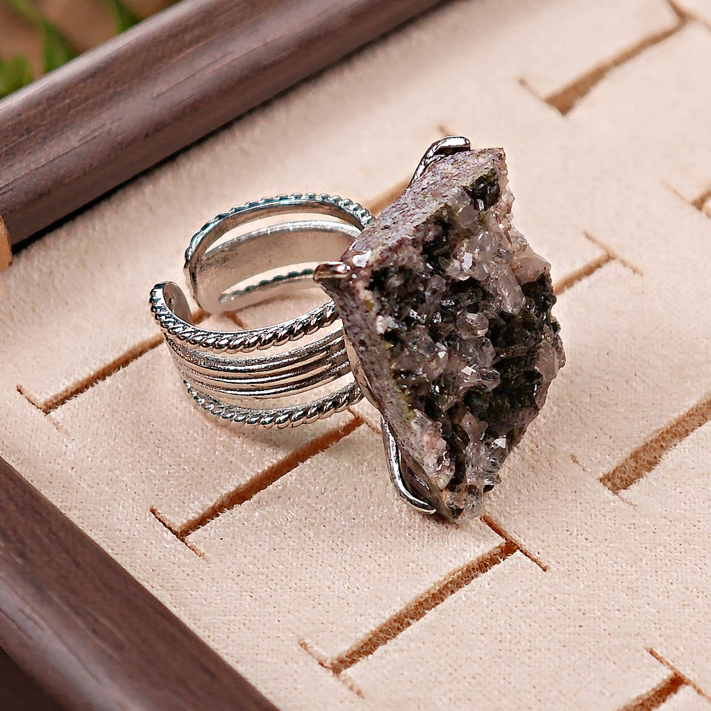 Raw Epidote&Crystal Adjustable Ring – Natural Mineral Stone Ring, Handmade One of a Kind Jewelry-038