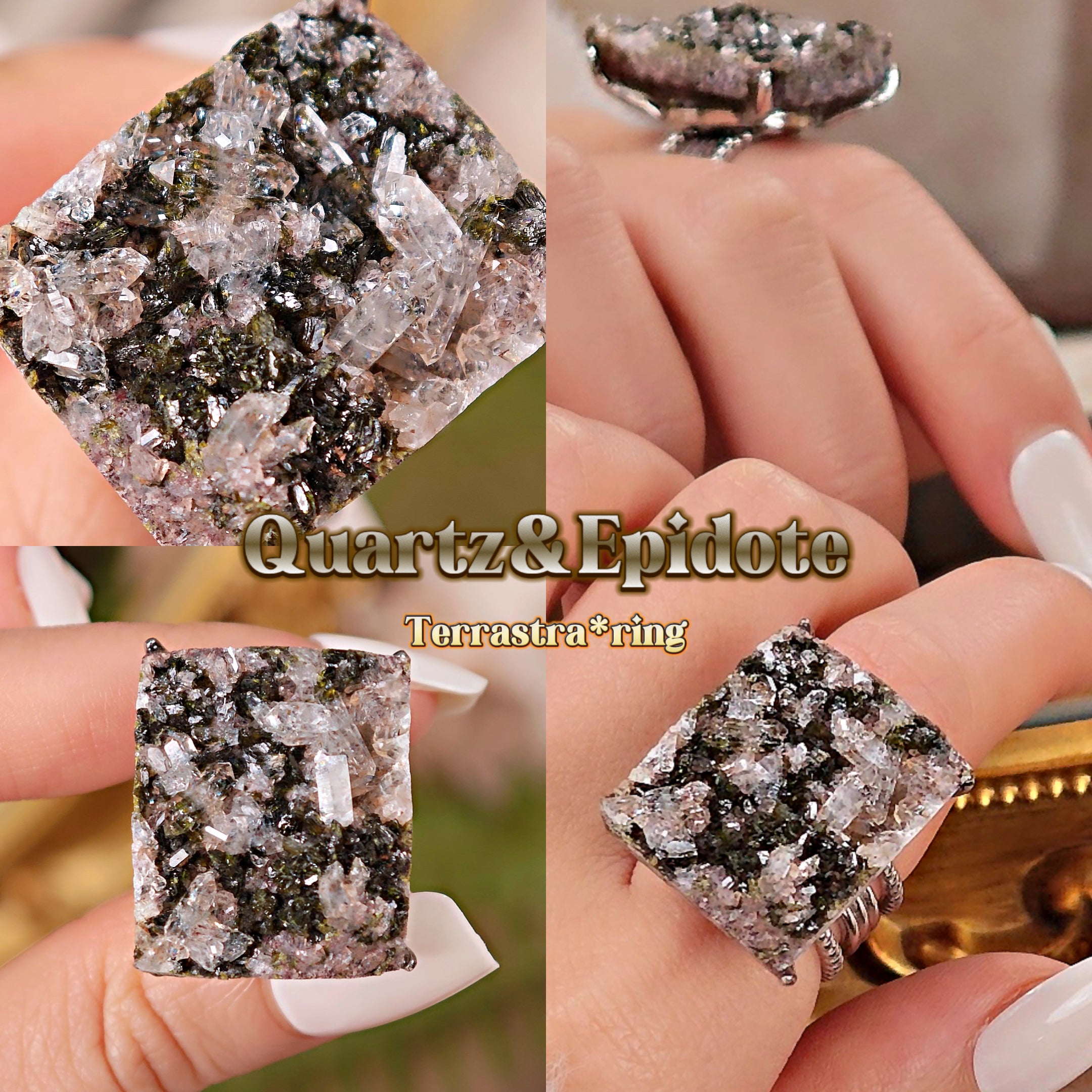 Raw Epidote&Crystal Adjustable Ring – Natural Mineral Stone Ring, Handmade One of a Kind Jewelry-038