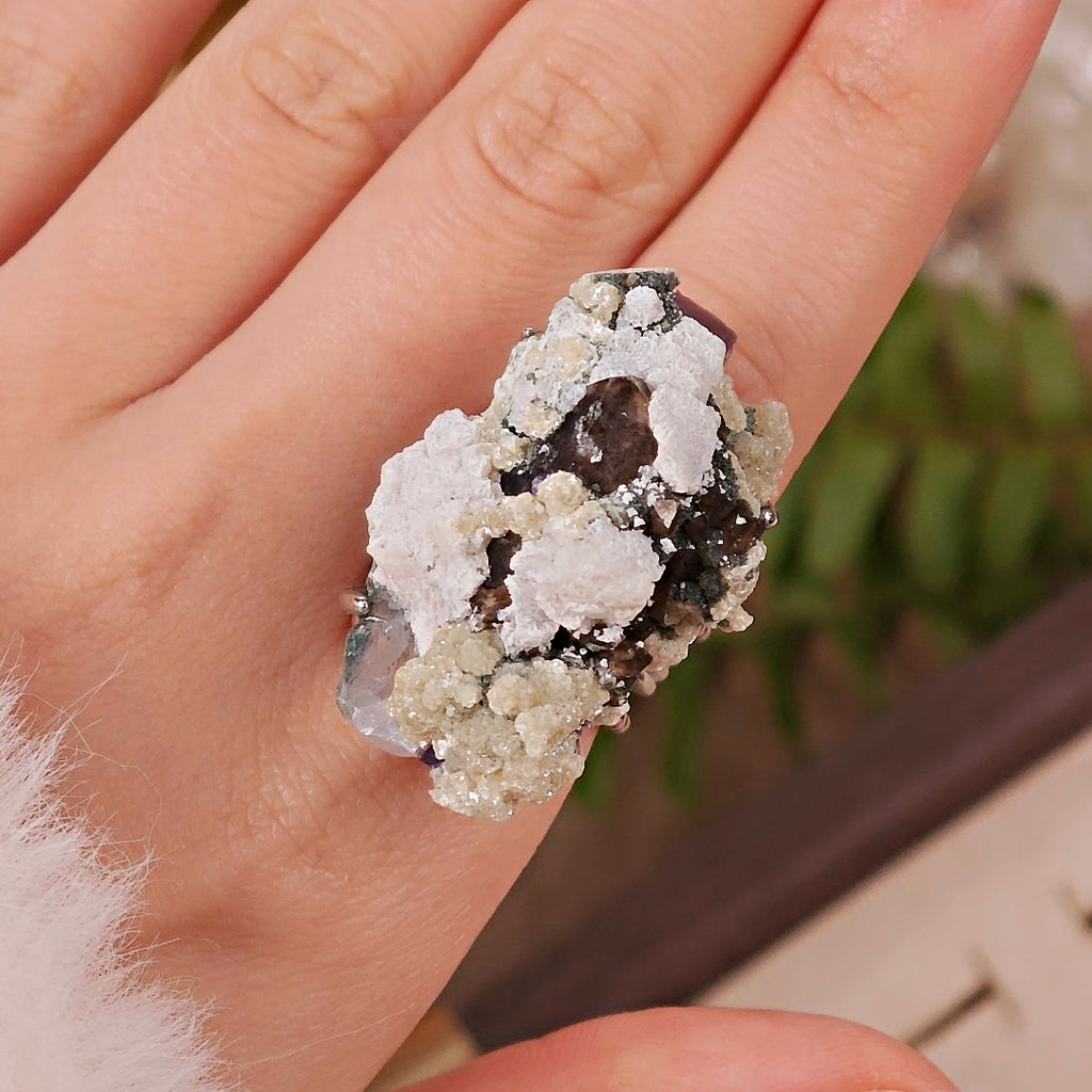 Raw Fluorite&Smoky Quartz&Mica Adjustable Ring – Natural Mineral Stone Ring, Handmade One of a Kind Jewelry-040