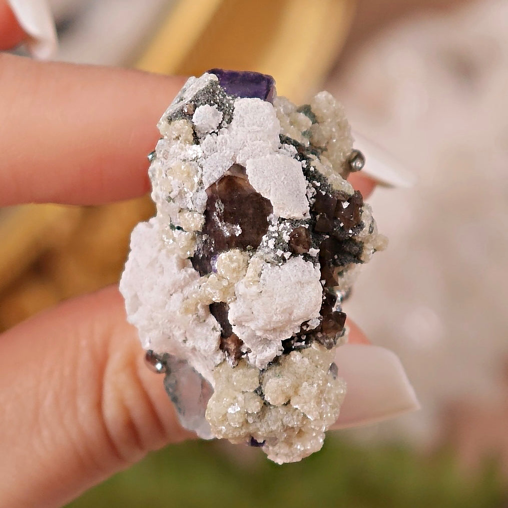 Raw Fluorite&Smoky Quartz&Mica Adjustable Ring – Natural Mineral Stone Ring, Handmade One of a Kind Jewelry-040