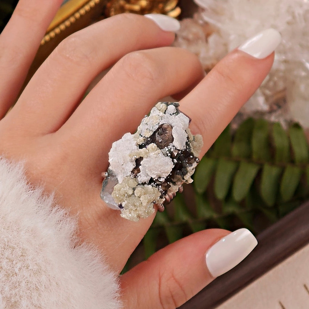 Raw Fluorite&Smoky Quartz&Mica Adjustable Ring – Natural Mineral Stone Ring, Handmade One of a Kind Jewelry-040