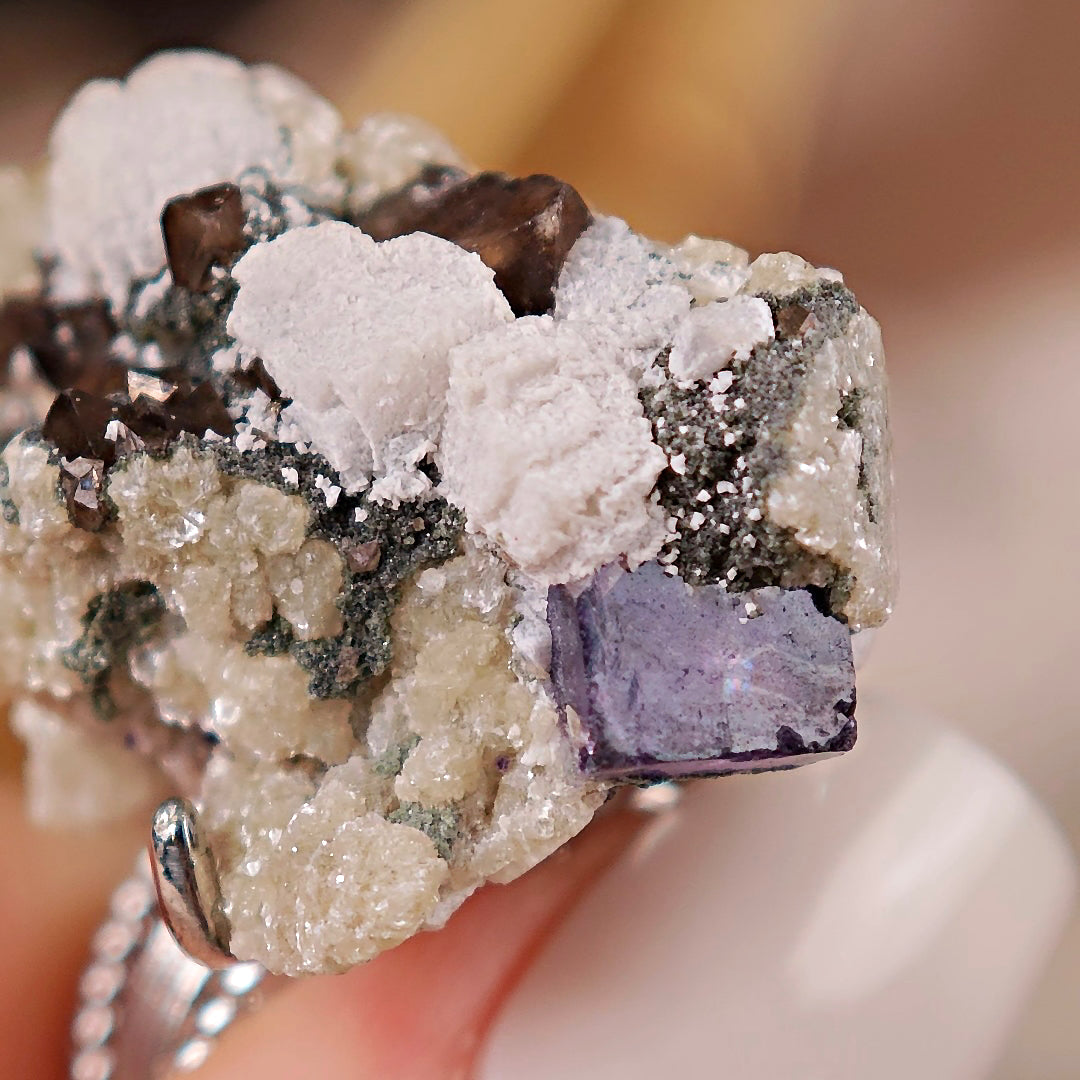 Raw Fluorite&Smoky Quartz&Mica Adjustable Ring – Natural Mineral Stone Ring, Handmade One of a Kind Jewelry-040