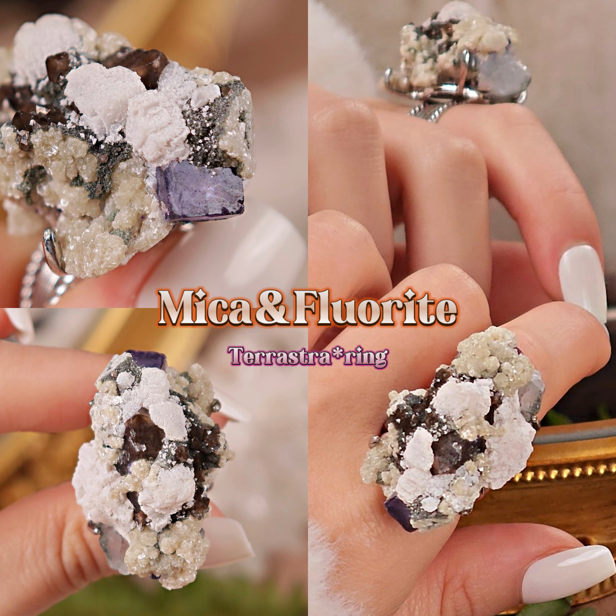 Raw Fluorite&Smoky Quartz&Mica Adjustable Ring – Natural Mineral Stone Ring, Handmade One of a Kind Jewelry-040