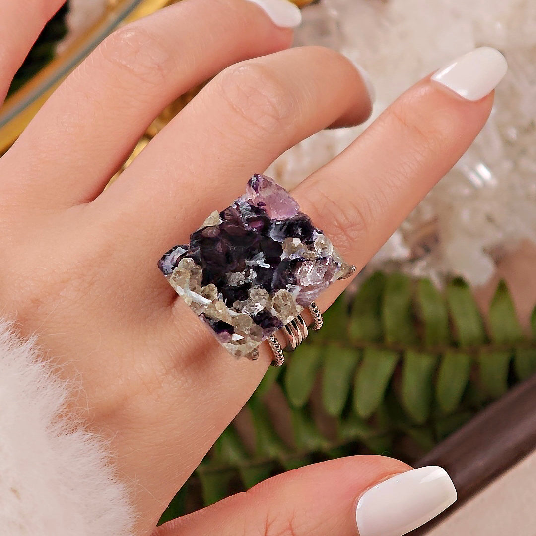 Raw Phantom Fluorite Adjustable Ring – Natural Mineral Stone Ring, Handmade One of a Kind Jewelry-041