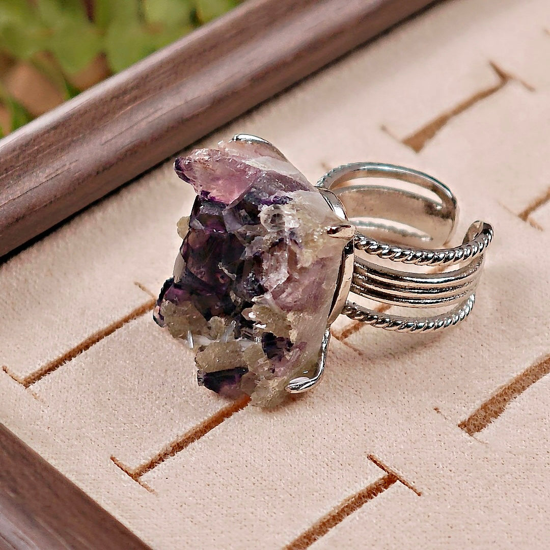 Raw Phantom Fluorite Adjustable Ring – Natural Mineral Stone Ring, Handmade One of a Kind Jewelry-041