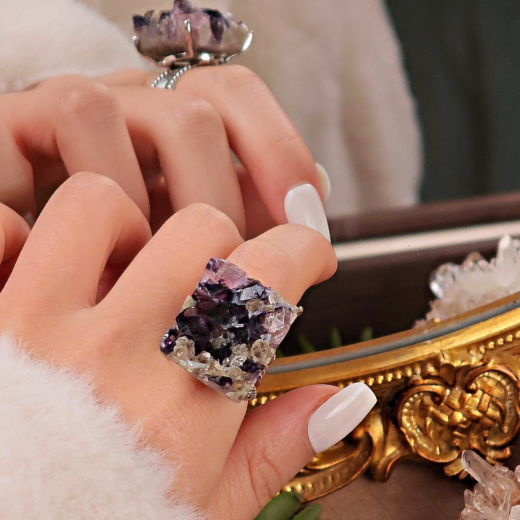 Raw Phantom Fluorite Adjustable Ring – Natural Mineral Stone Ring, Handmade One of a Kind Jewelry-041