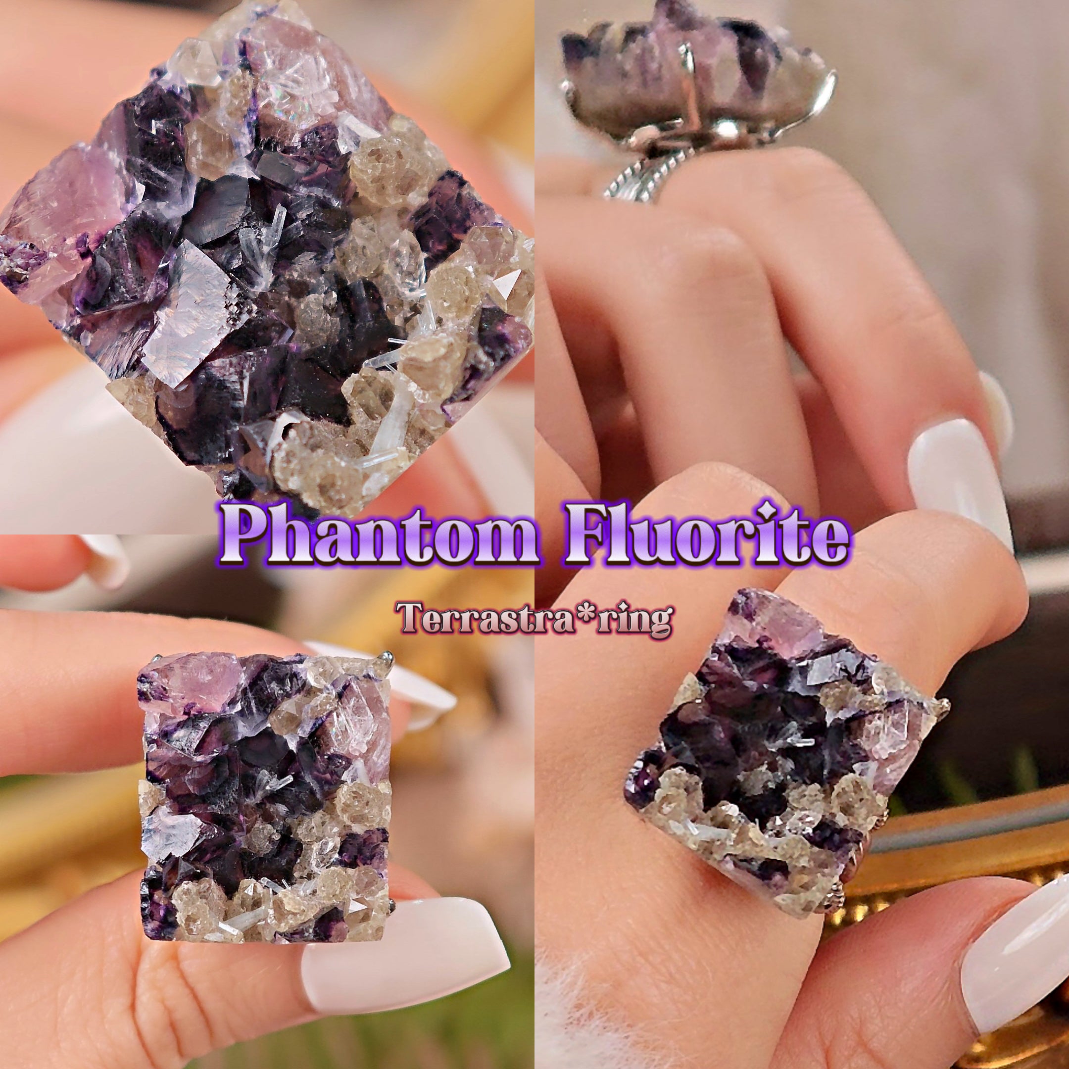 Raw Phantom Fluorite Adjustable Ring – Natural Mineral Stone Ring, Handmade One of a Kind Jewelry-041