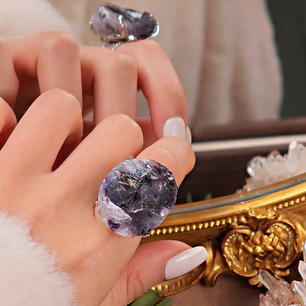 Raw Phantom Fluorite Adjustable Ring – Natural Mineral Stone Ring, Handmade One of a Kind Jewelry-042