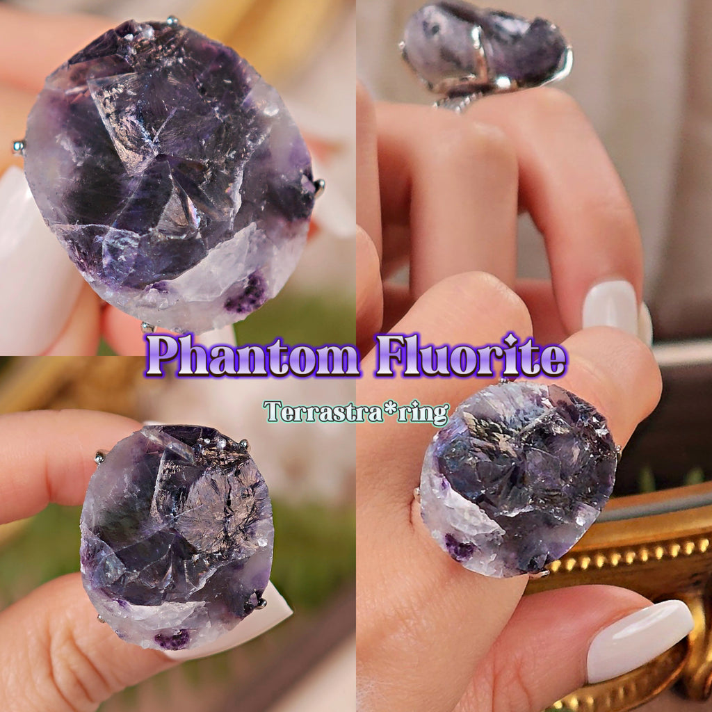Raw Phantom Fluorite Adjustable Ring – Natural Mineral Stone Ring, Handmade One of a Kind Jewelry-042