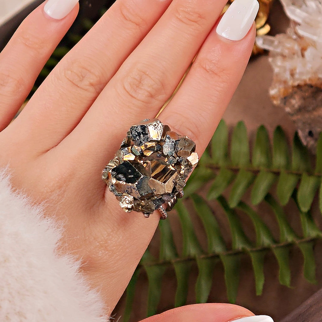 Raw Chalcopyrite Adjustable Ring – Natural Mineral Stone Ring, Handmade One of a Kind Jewelry-043