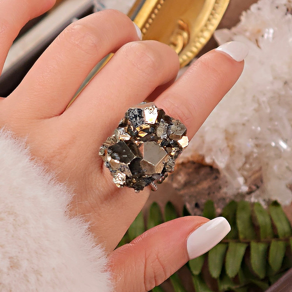 Raw Chalcopyrite Adjustable Ring – Natural Mineral Stone Ring, Handmade One of a Kind Jewelry-043
