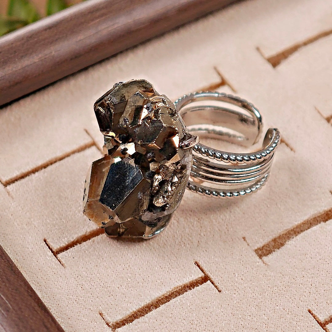 Raw Chalcopyrite Adjustable Ring – Natural Mineral Stone Ring, Handmade One of a Kind Jewelry-043