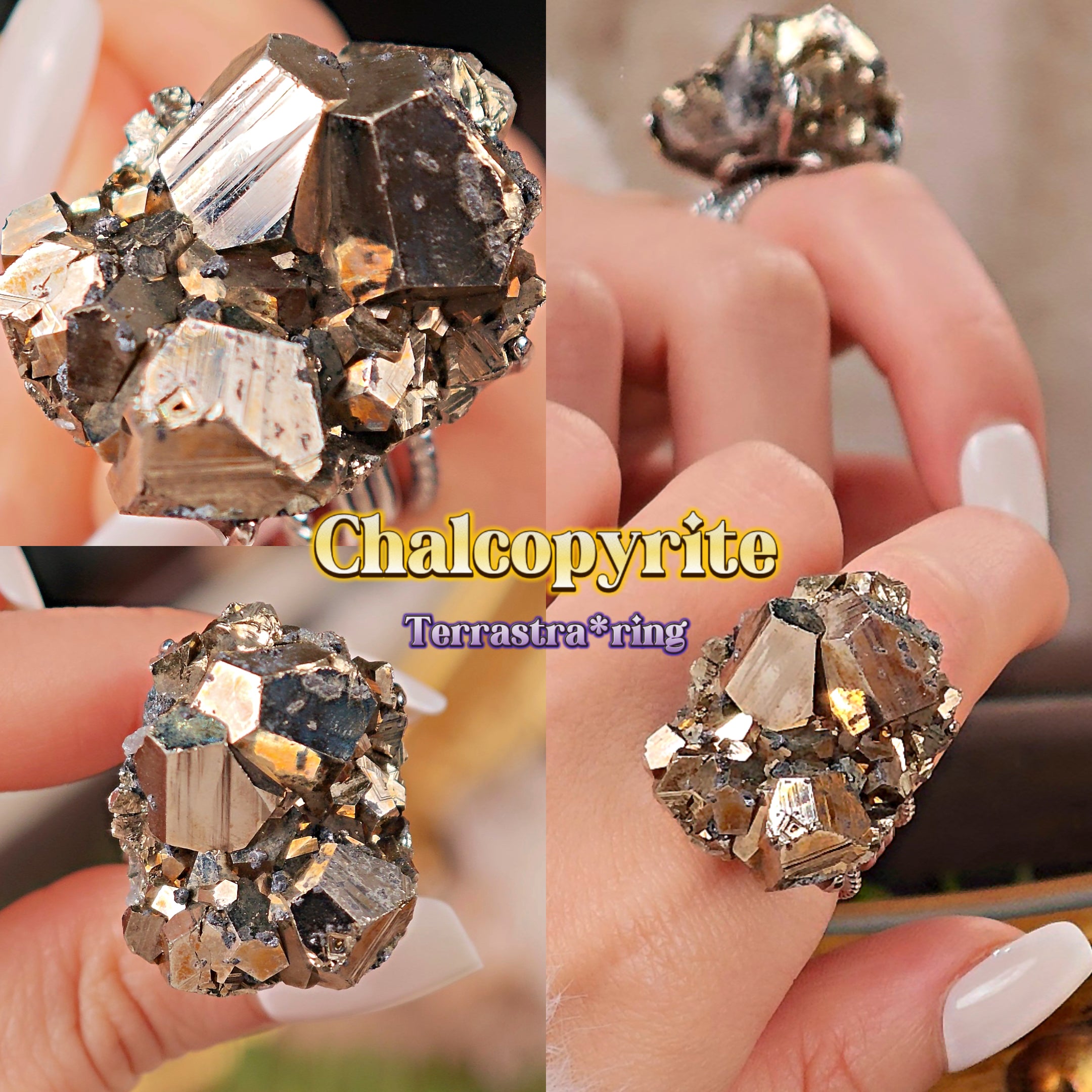 Raw Chalcopyrite Adjustable Ring – Natural Mineral Stone Ring, Handmade One of a Kind Jewelry-043