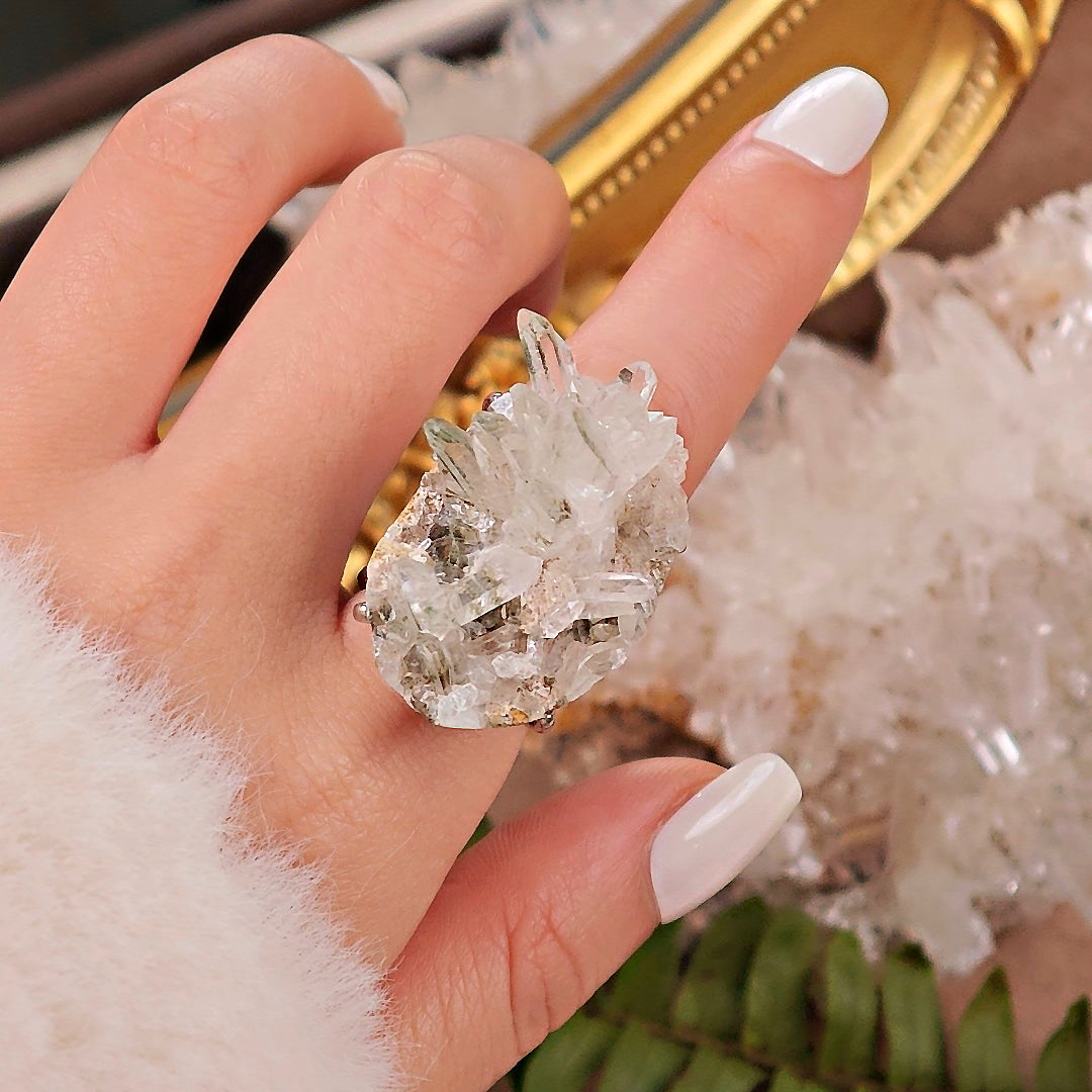 Raw Green Phantom Quartz Adjustable Ring – Natural Mineral Stone Ring, Handmade One of a Kind Jewelry-044