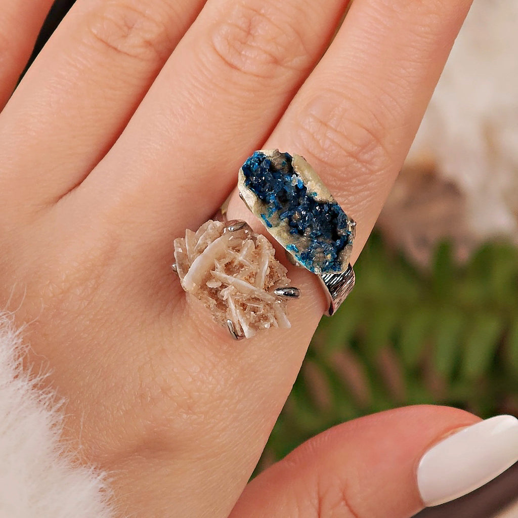 Raw Veszelyite&Desert Rose Stone Adjustable Ring – Natural Mineral Stone Ring, Handmade One of a Kind Jewelry-046