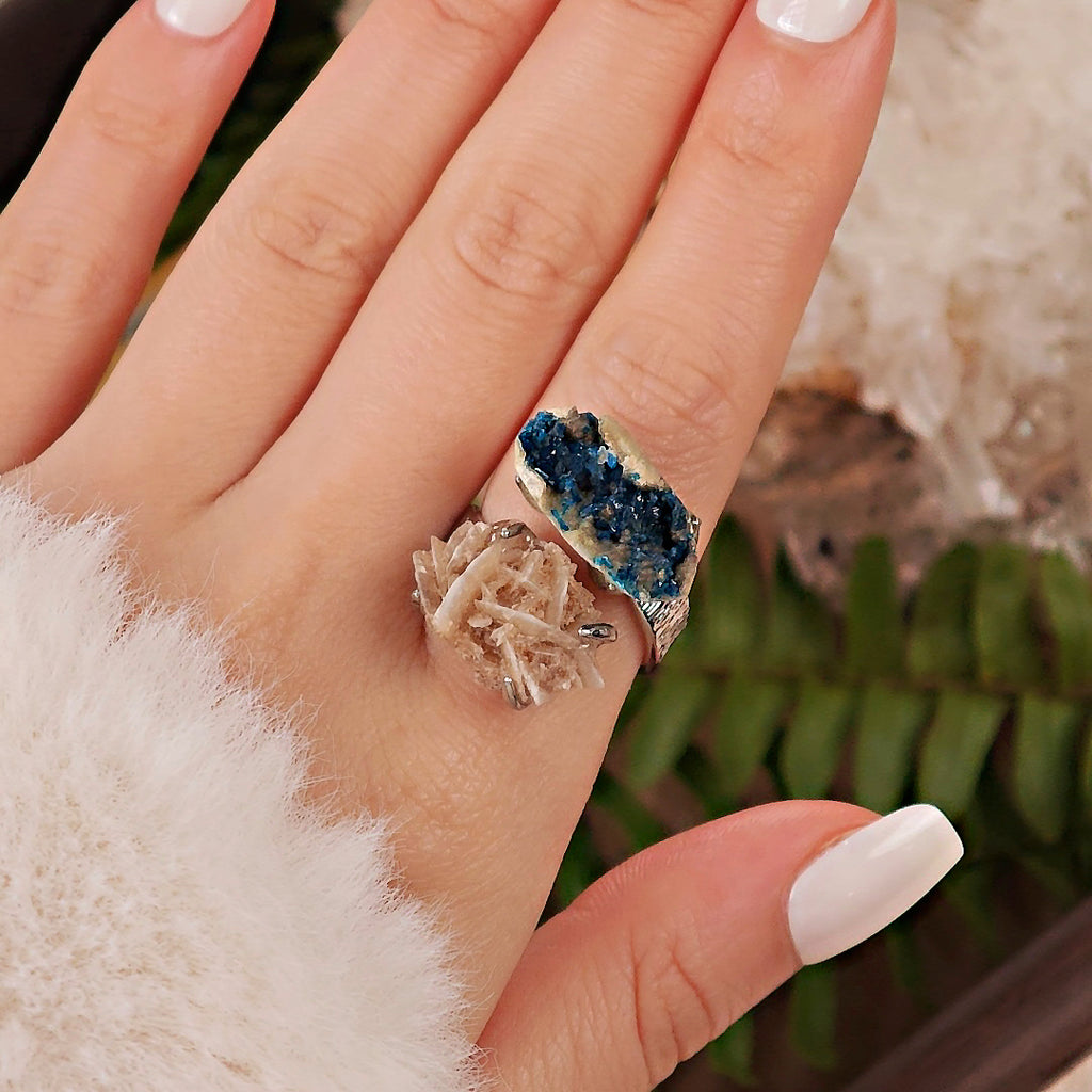 Raw Veszelyite&Desert Rose Stone Adjustable Ring – Natural Mineral Stone Ring, Handmade One of a Kind Jewelry-046